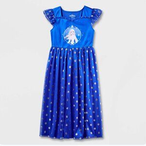 Disney Size 8 Girls Elsa Nightgown Snowflake Shimmery Satin Tulle Blue